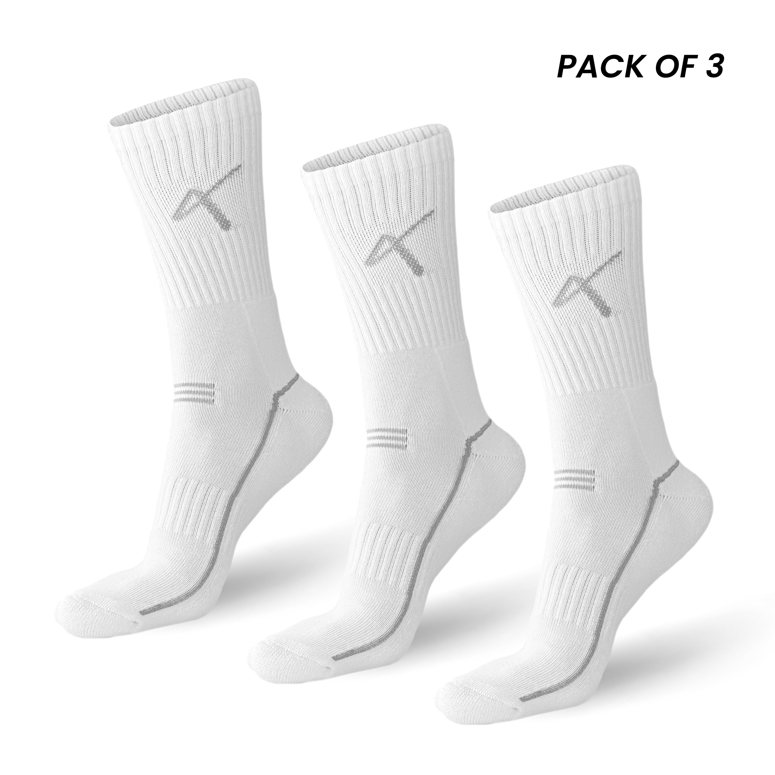 Pack of 3 Front View of the Triumphant sports Champion Series Performance Cricket Socks Crew Length White